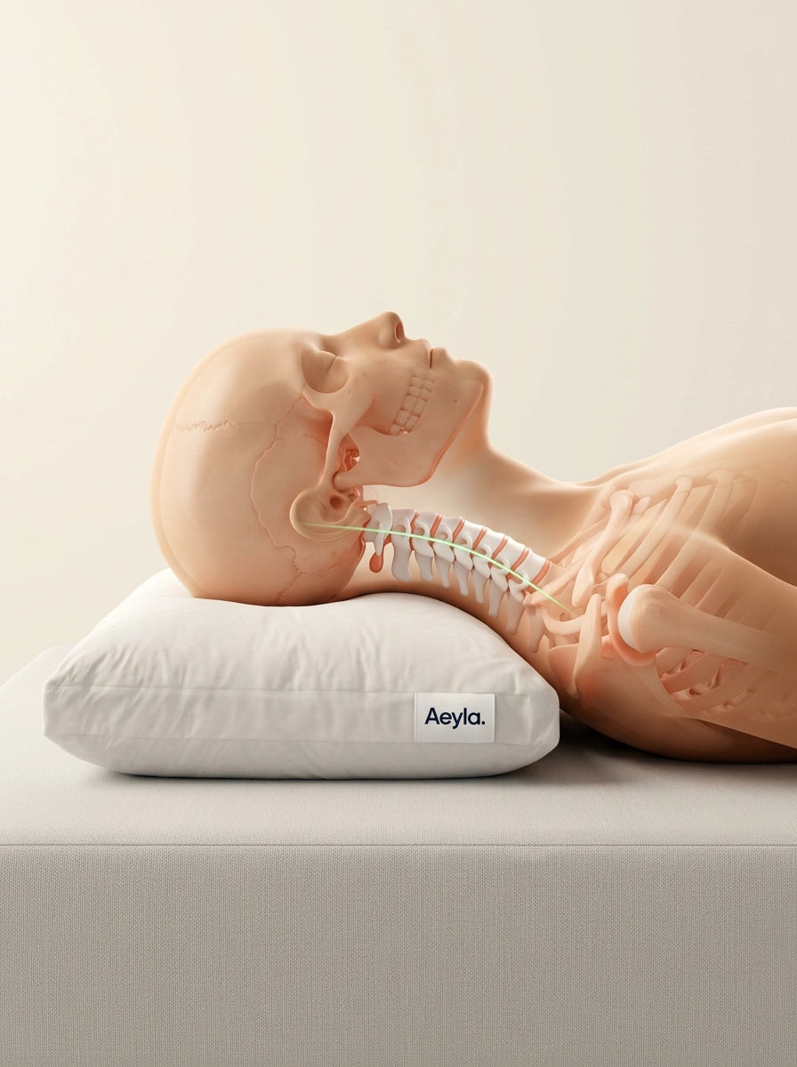 [REPLACE: side-sleeper view showing pillow holding neck alignment]