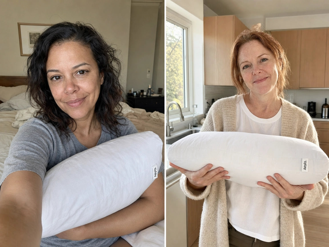 [REPLACE: 5:4 landscape — Aeyla Dual Pillow with overlay of star ratings or press logos, editorial styling]