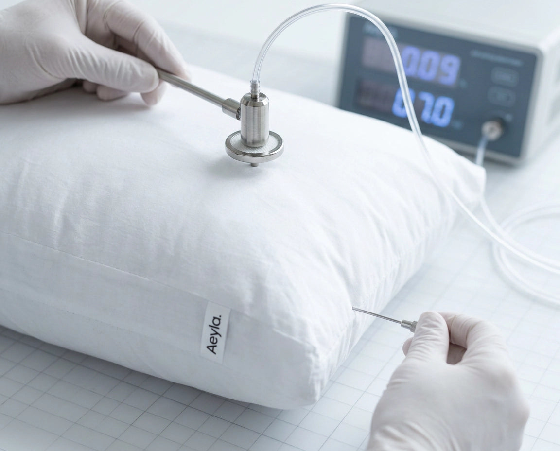 [REPLACE: Detail of OEKO-TEX label / certification badge on Aeyla pillow]
