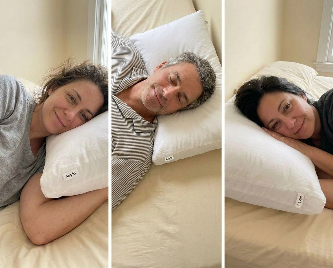 [REPLACE: 5:4 landscape — woman sleeping on her side with Aeyla Dual Pillow, neutral bedding]
