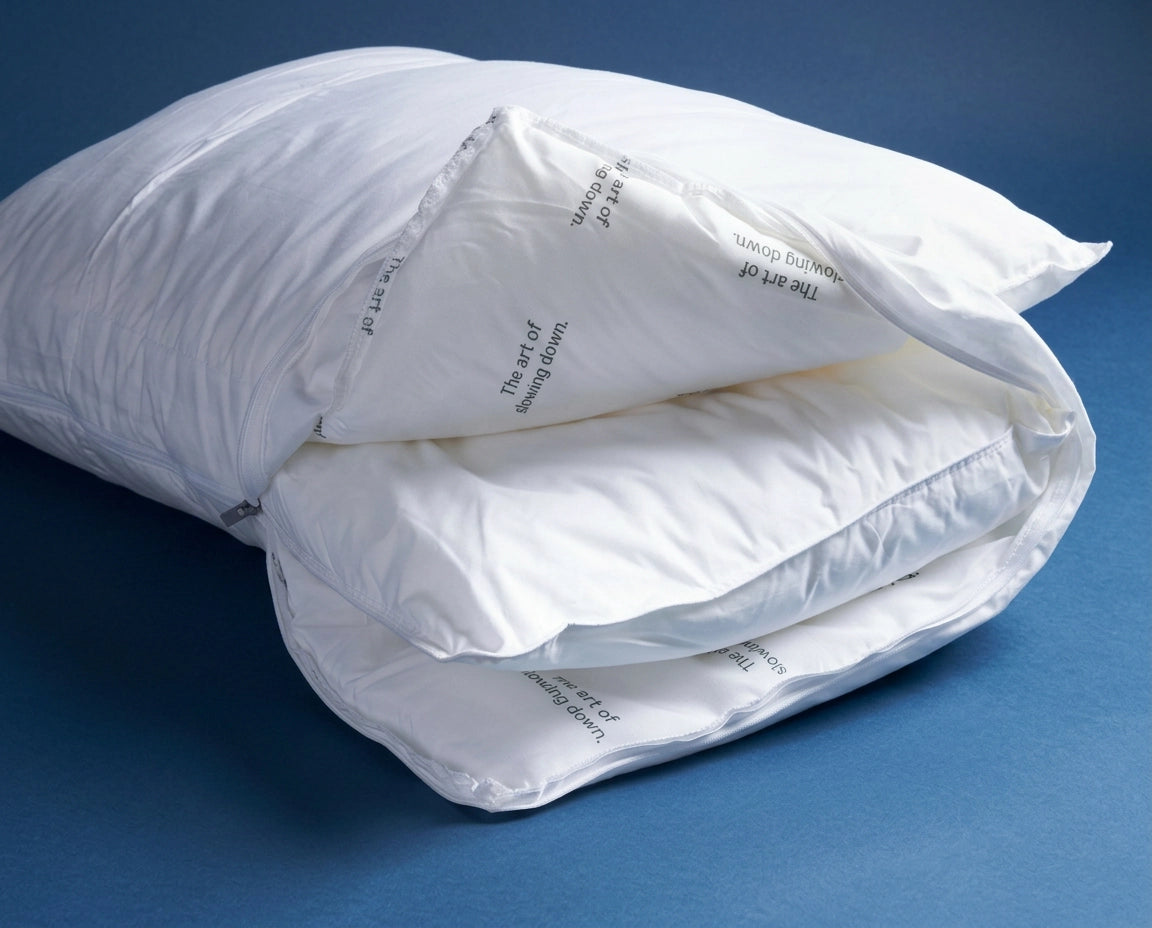 [REPLACE: 5:4 landscape — Aeyla Dual Pillow unzipped showing inner chamber, clean white studio shot]