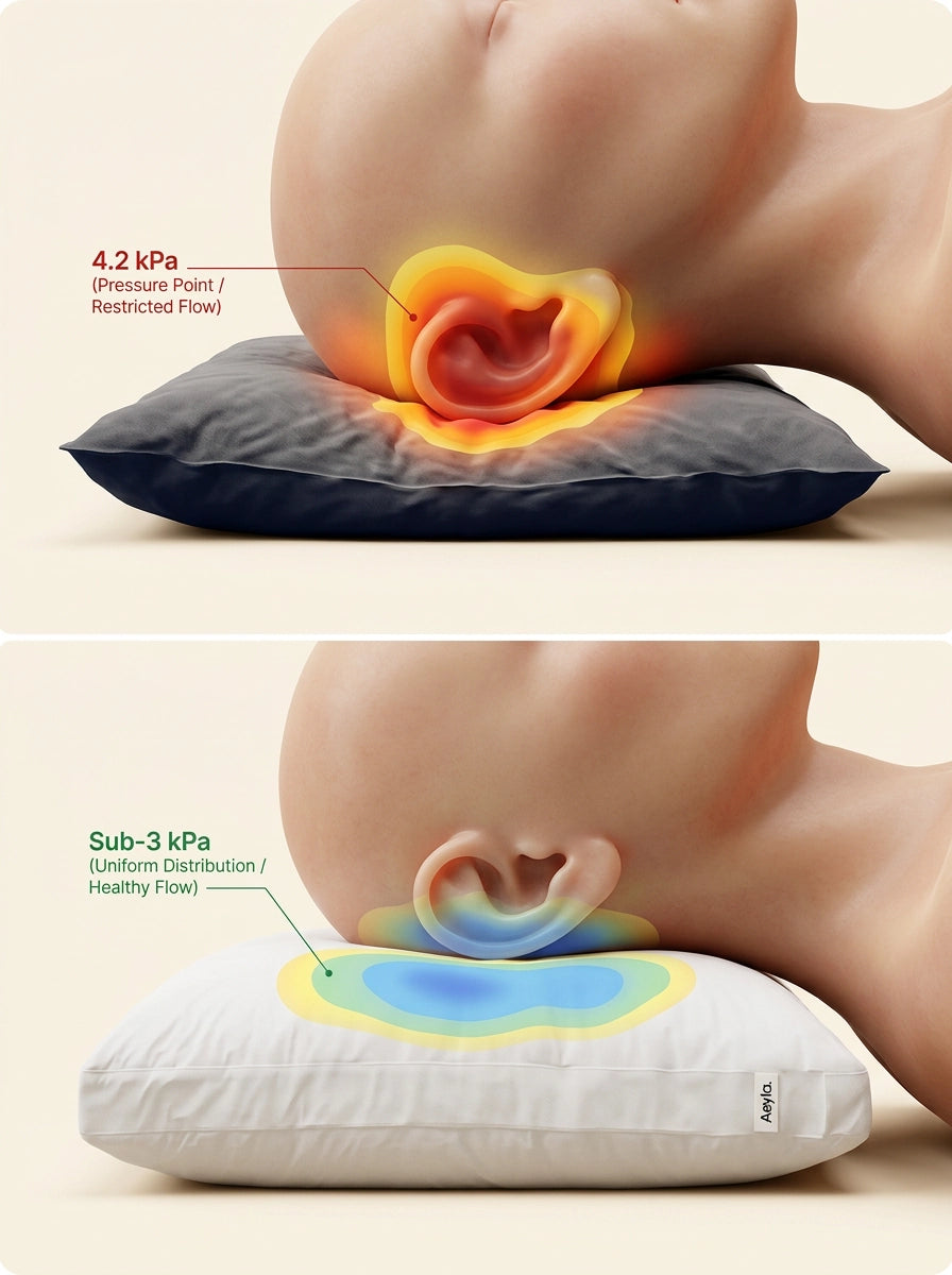 [REPLACE: close-up of pillow surface holding shape under weight]
