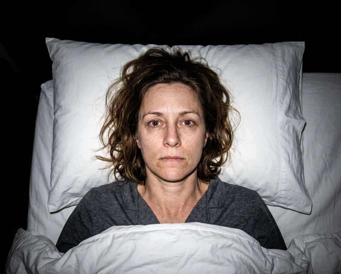 [REPLACE: 5:4 landscape — woman lying awake at night, soft side light]