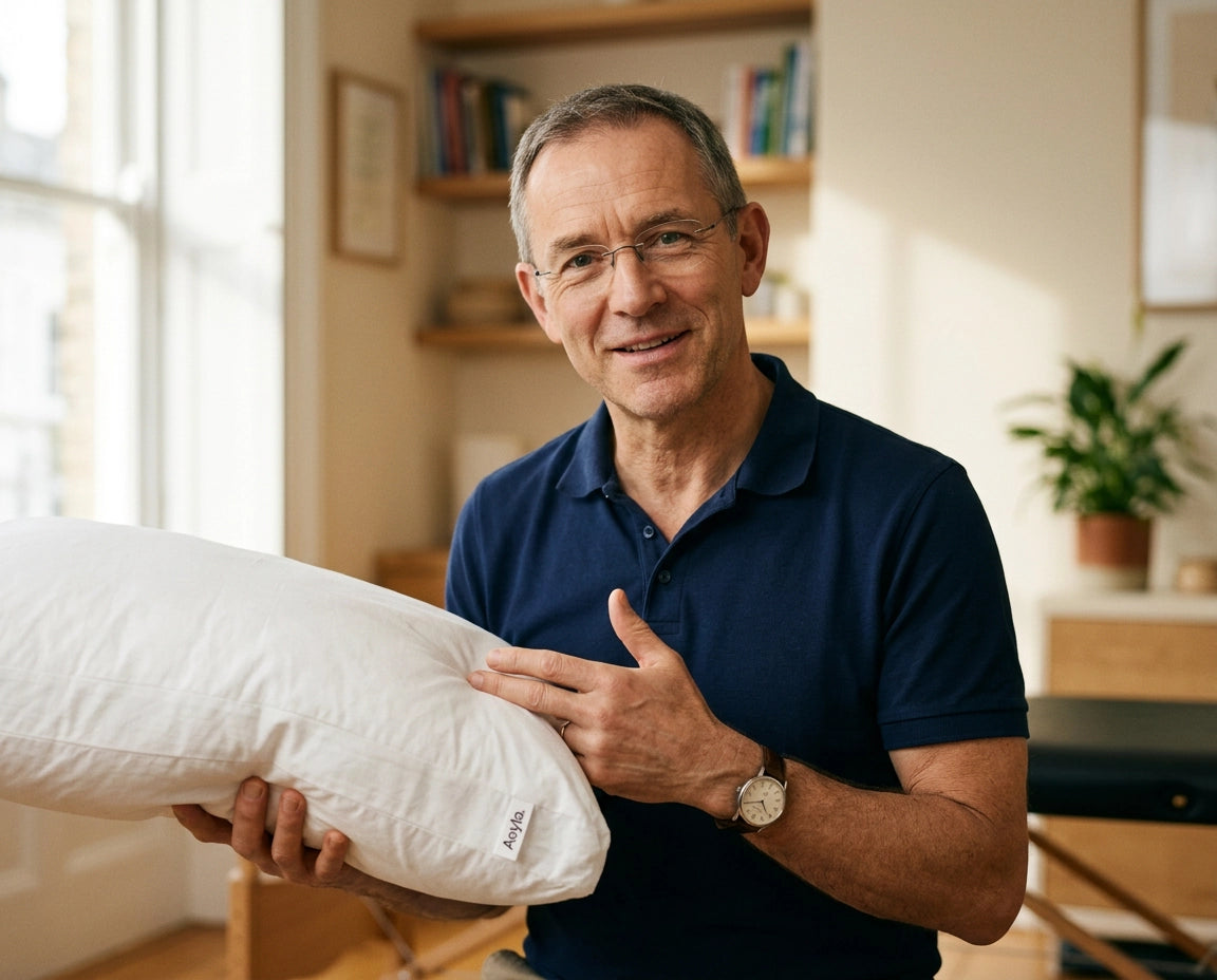 [REPLACE: Lifestyle shot — person sleeping comfortably on Aeyla pillow, side profile]
