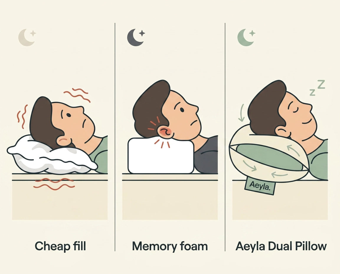 [REPLACE: Crisp hotel-style bed with Aeyla pillow centered, soft morning light]