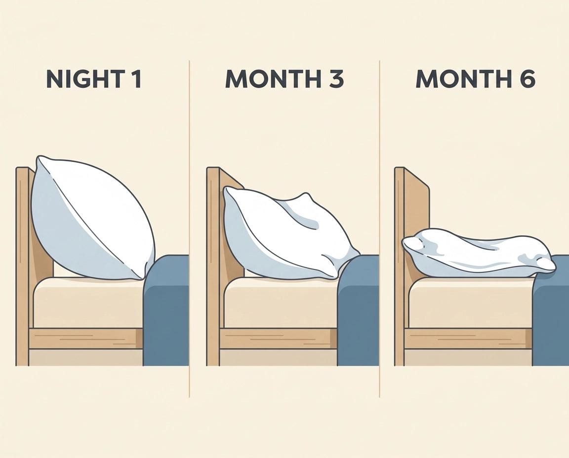 [REPLACE: 5:4 landscape — side-by-side comparison of plump Aeyla Dual vs flattened generic pillow]