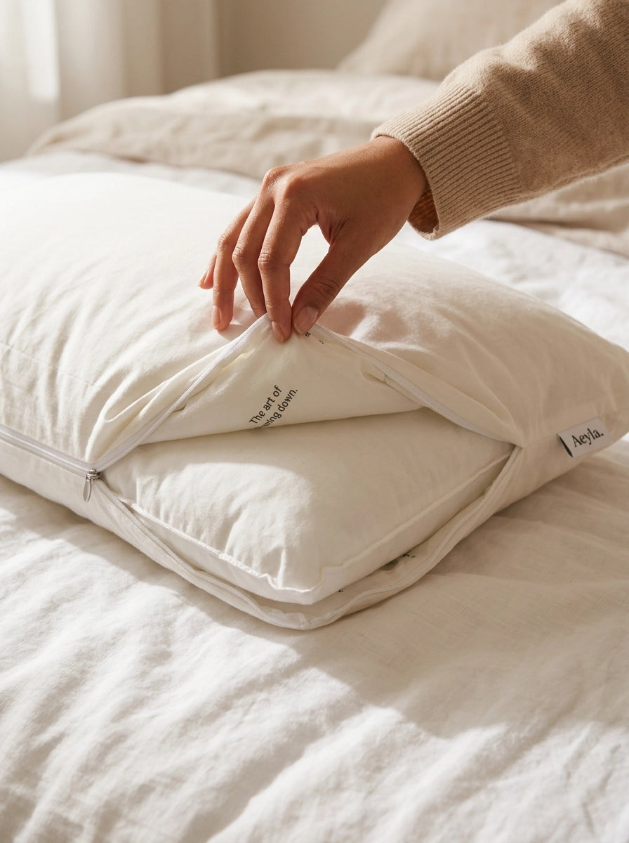 [REPLACE: Aeyla Dual Pillow cutaway showing inner core + outer chamber]