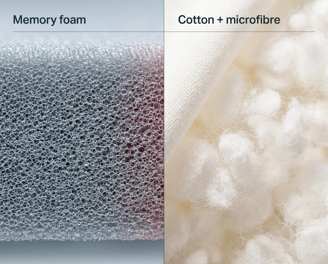 [REPLACE: Cut-away or material-detail shot showing cotton shell + microfibre cluster fill]