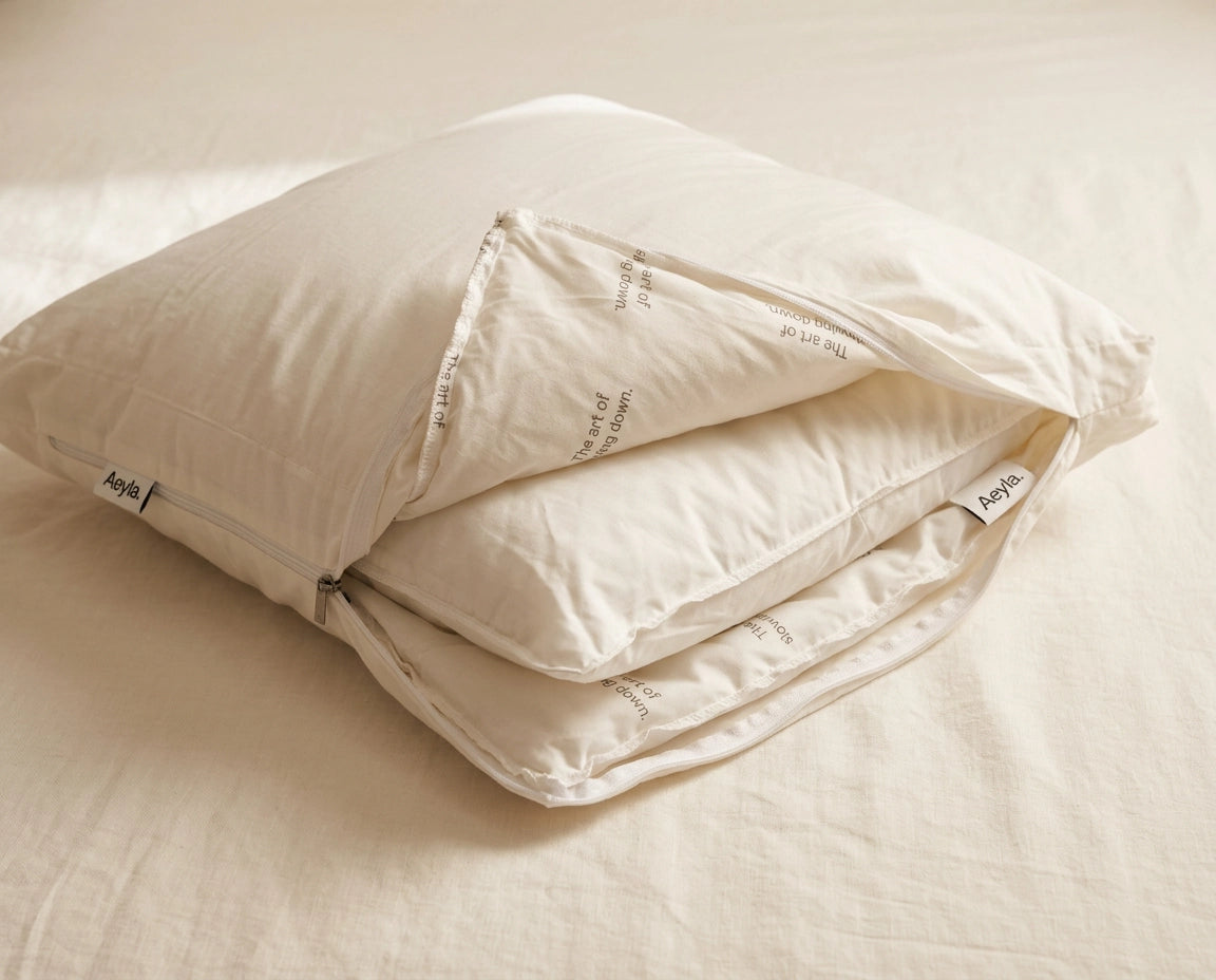 [REPLACE: Close-up of Aeyla Dual Pillow showing soft outer + firm inner construction]
